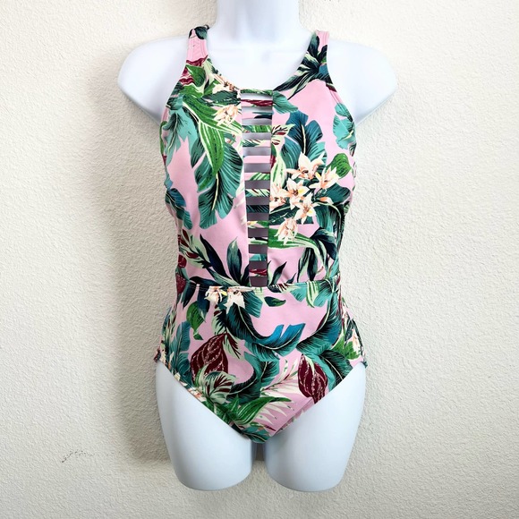 Miraclesuit Floral Leah High Neck Lattice Front One Piece Swim Suit Tropical M - Picture 1 of 8